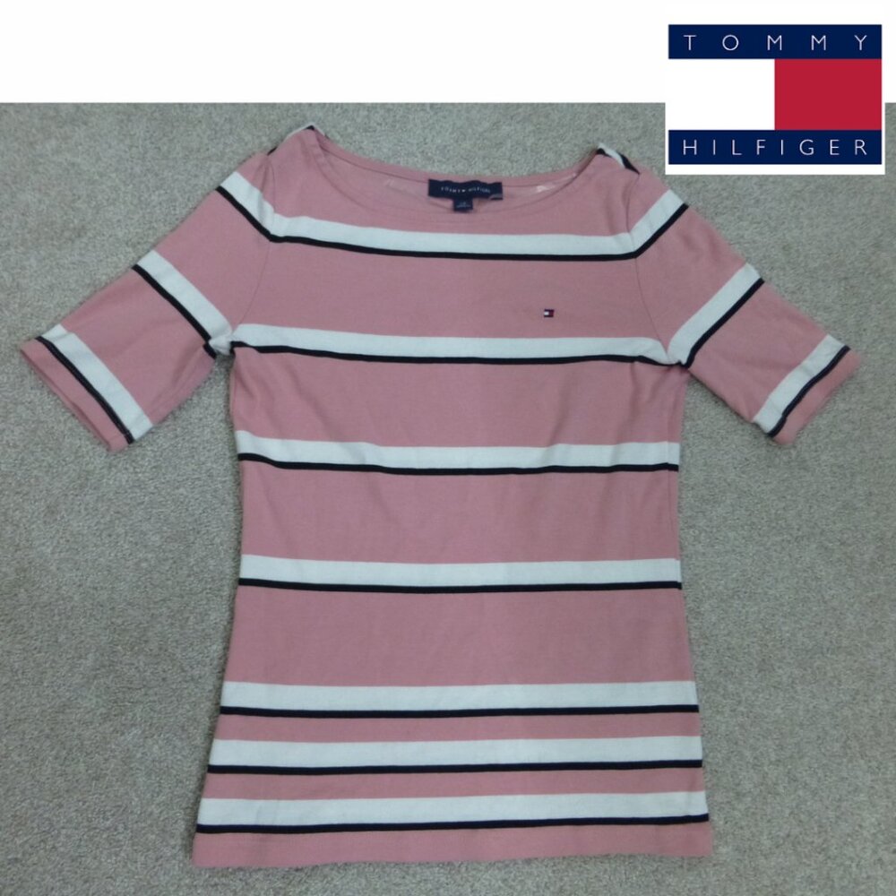 Tommy Hilfiger Pink Striped Quarter Sleeve Boatneck Top